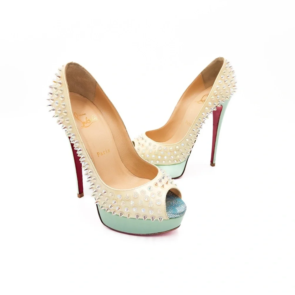 Christian Louboutin Off White Spiked Platform Peep-Toe Pumps Heels EU 37 - Picture 2 of 9